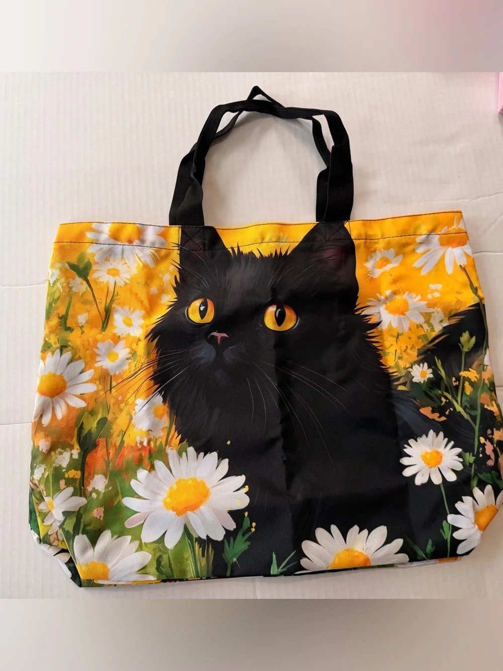Black Cat Daisy Tote Bag Yellow Floral Canvas Tote